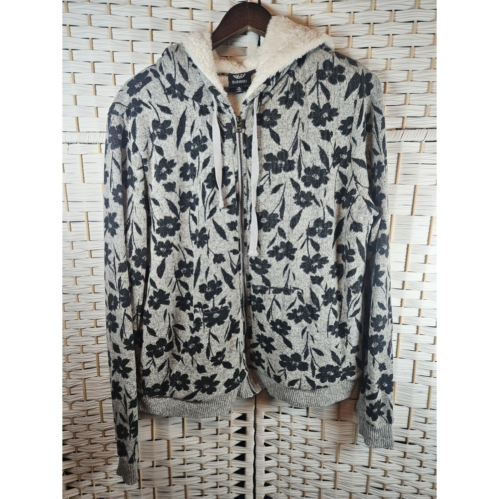 Bobeau Womens Black Grey White Floral Lined Hoodie Jacket Bloomcore Grunge